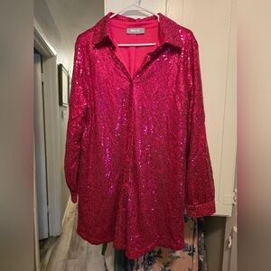 Pink Sequin Button-Up Shirt Dress